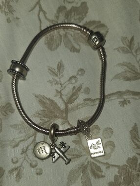 Pandora Silver Bracelet with Navy Enamel Heart and Airplane Charms